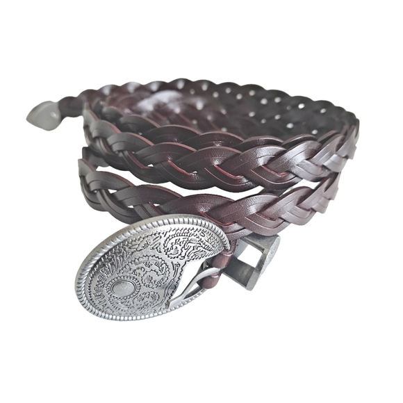 Boutique Accessories - Western genuine braided leather waist belt thin dark Brown Boho metal buckle New